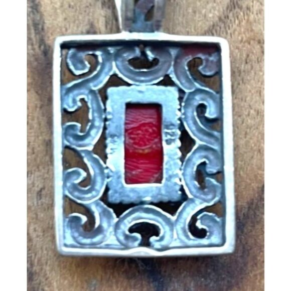 Vintage Sterling Silver 925 Ornate Rectangle Red Stone Enamel Pendant 1" X .75" - Picture 4 of 6
